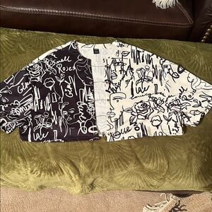 SHEIN Black & White Graphic Script Cropped Cardigan